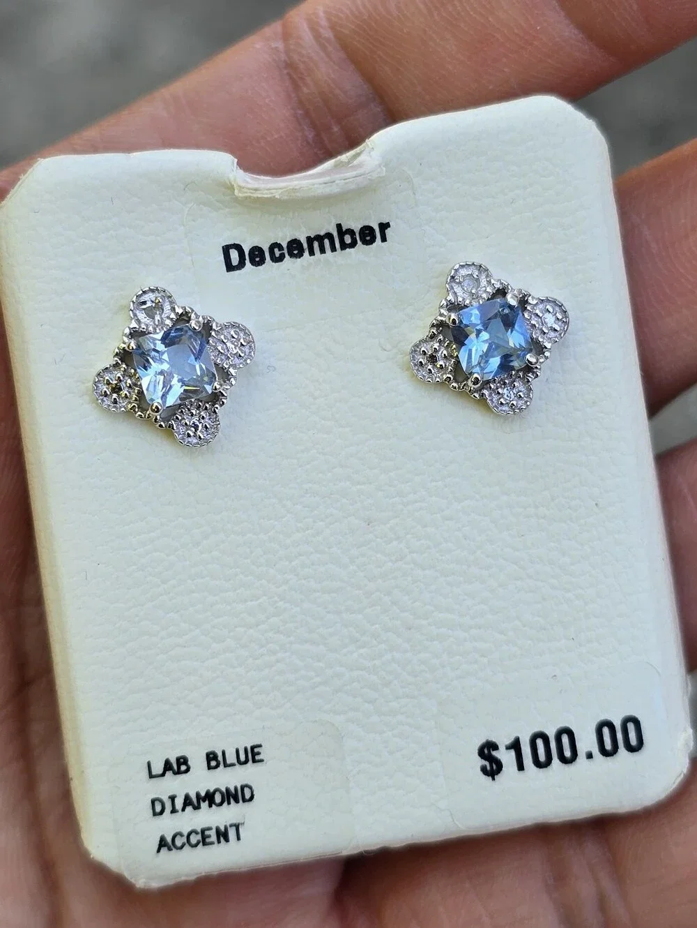 NWT sterling silver 925 blue diamond clover diamond accent December studs earrin